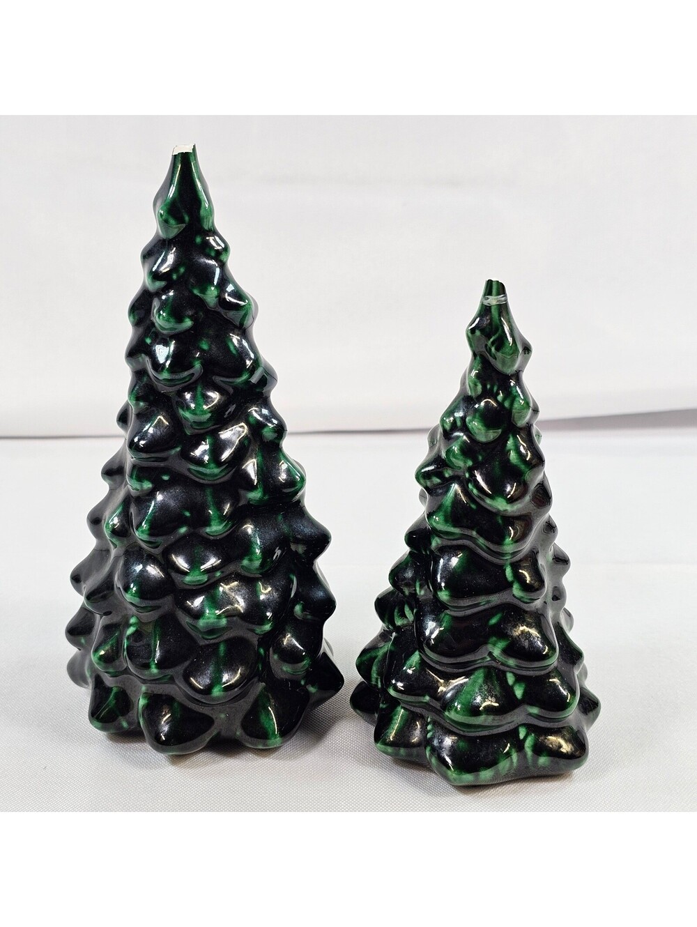 Vintage 70s Ceramic Christmas Tree Set 2 Drip Glaze Green Holiday Decor Damaged - Picture 2 of 6